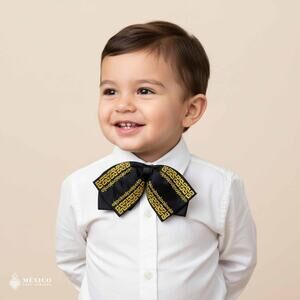 Black Mexican Kids Embroidered Charro Moño – Traditional Satin Baby Mariachi Bow